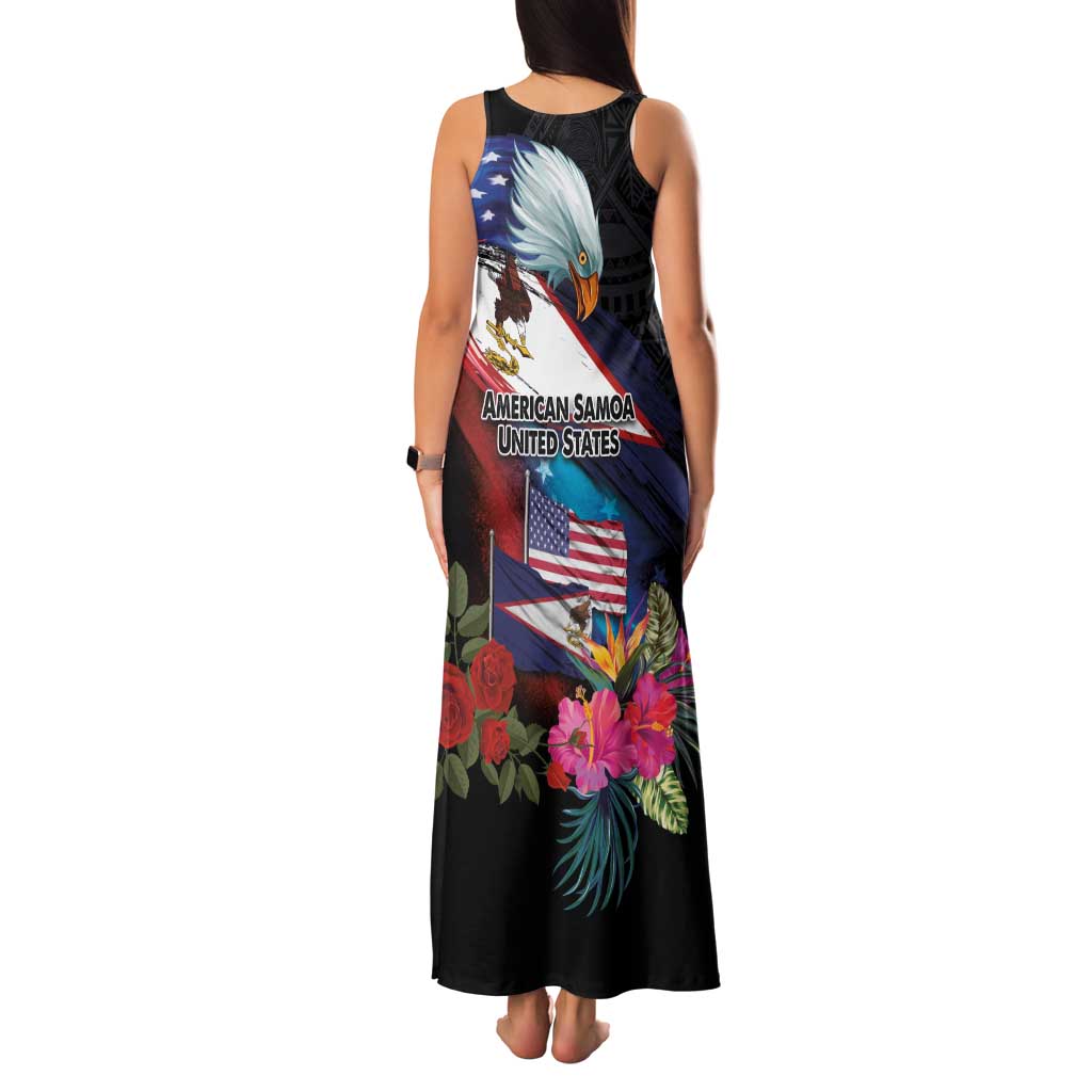 American Samoa and United States Together Family Matching Tank Maxi Dress and Hawaiian Shirt National Flag with Eagle-Hibiscus and Rose