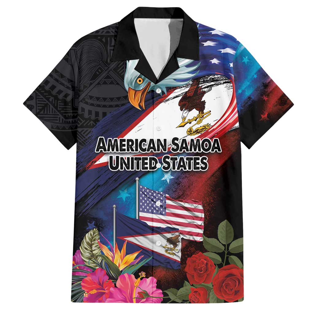 American Samoa and United States Together Hawaiian Shirt National Flag with Eagle-Hibiscus and Rose LT03 Black - Polynesian Pride