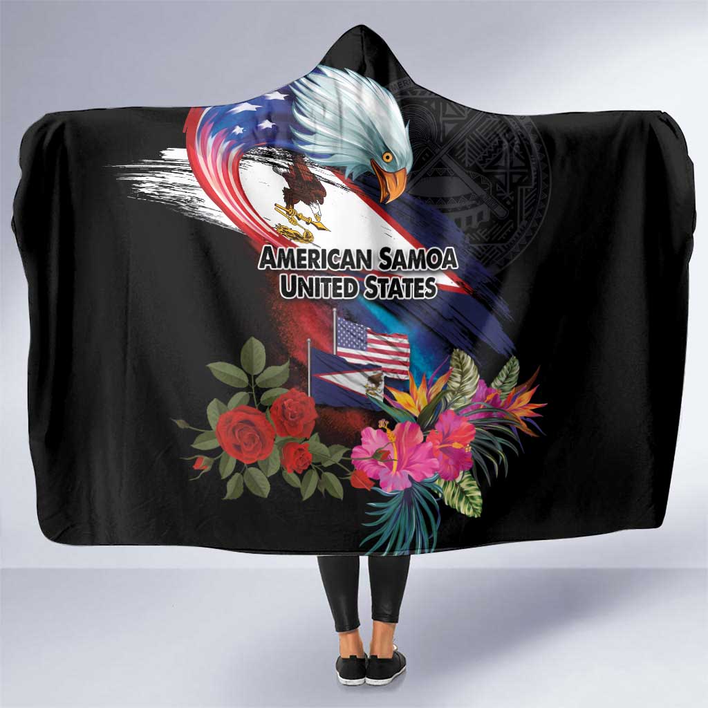 American Samoa and United States Together Hooded Blanket National Flag with Eagle-Hibiscus and Rose LT03 One Size Black - Polynesian Pride