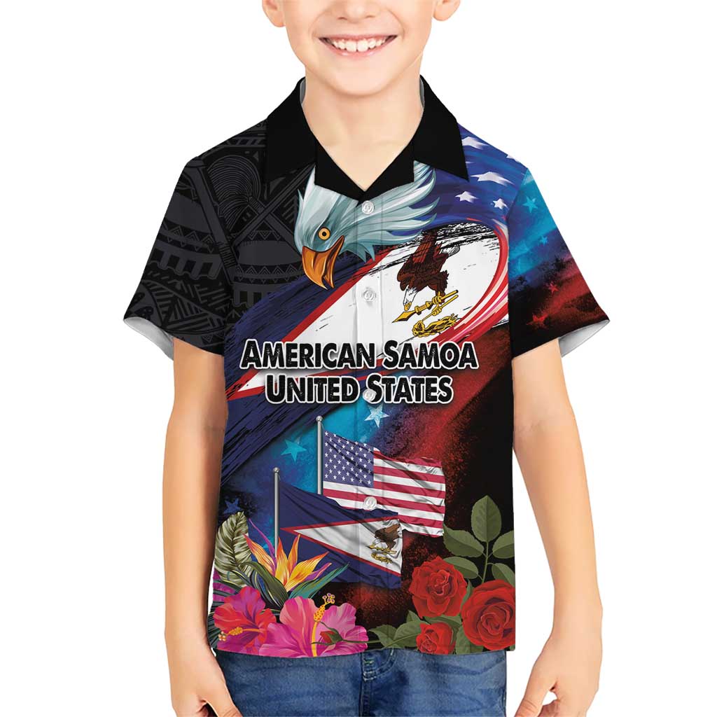 American Samoa and United States Together Kid Hawaiian Shirt National Flag with Eagle-Hibiscus and Rose LT03 Kid Black - Polynesian Pride