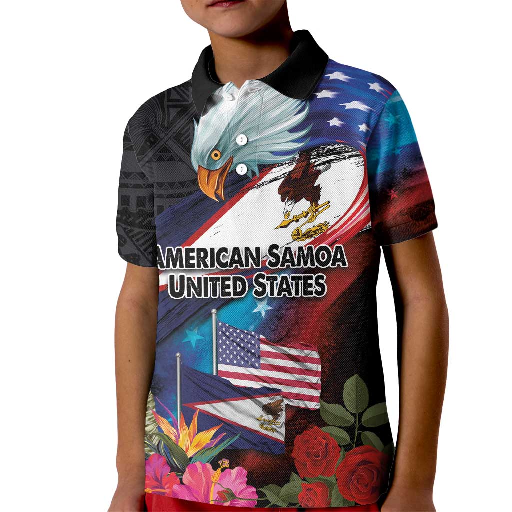 American Samoa and United States Together Kid Polo Shirt National Flag with Eagle-Hibiscus and Rose