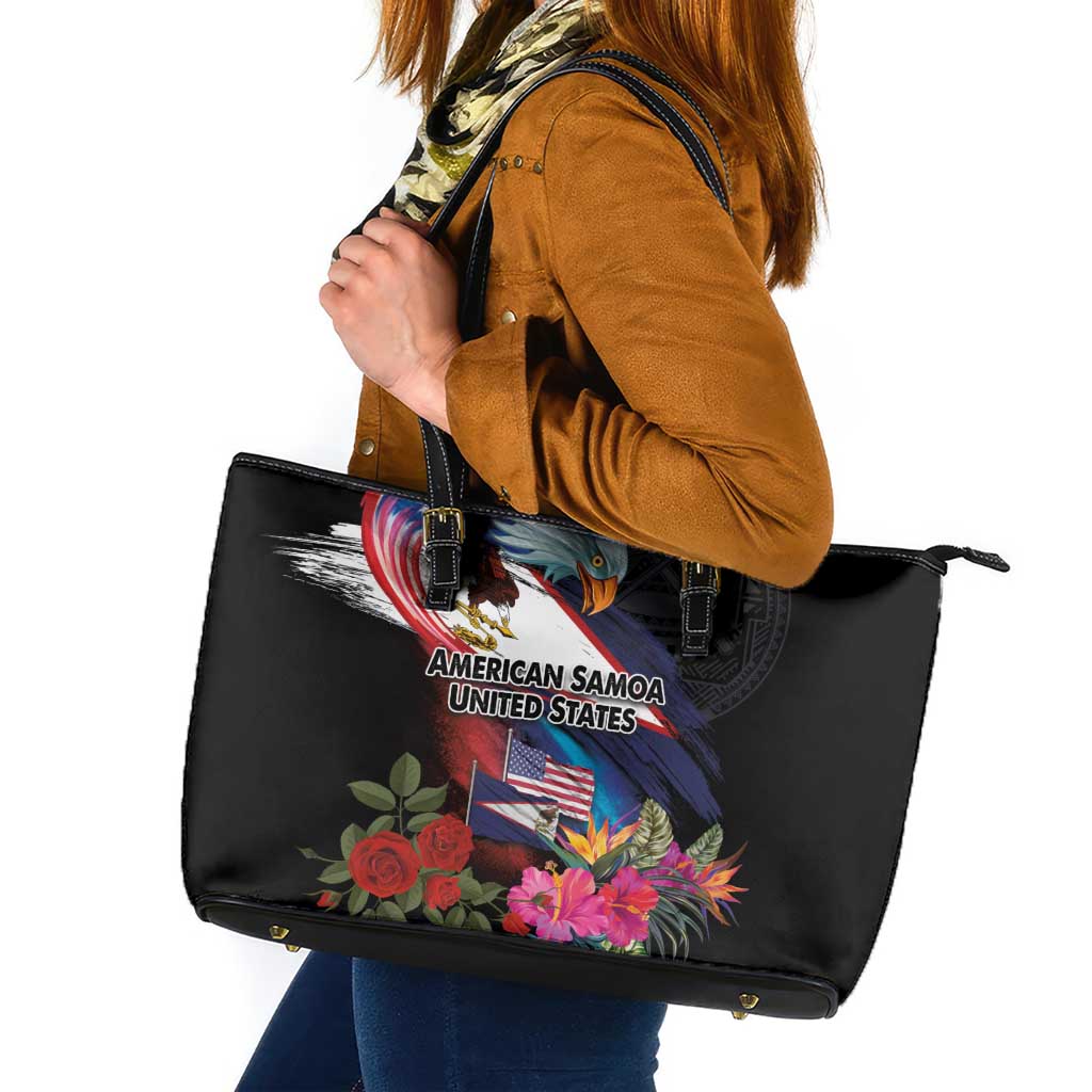 American Samoa and United States Together Leather Tote Bag National Flag with Eagle-Hibiscus and Rose