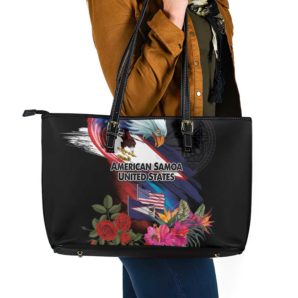 American Samoa and United States Together Leather Tote Bag National Flag with Eagle-Hibiscus and Rose