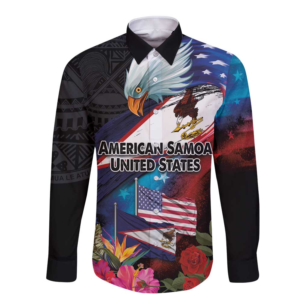American Samoa and United States Together Long Sleeve Button Shirt National Flag with Eagle-Hibiscus and Rose LT03 Unisex Black - Polynesian Pride