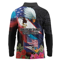 American Samoa and United States Together Long Sleeve Polo Shirt National Flag with Eagle-Hibiscus and Rose