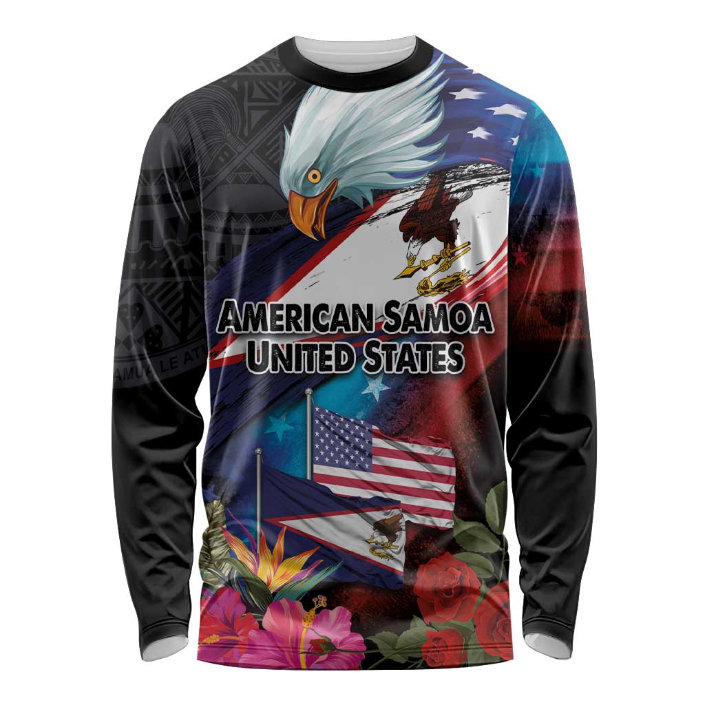 American Samoa and United States Together Long Sleeve Shirt National Flag with Eagle-Hibiscus and Rose LT03 Unisex Black - Polynesian Pride