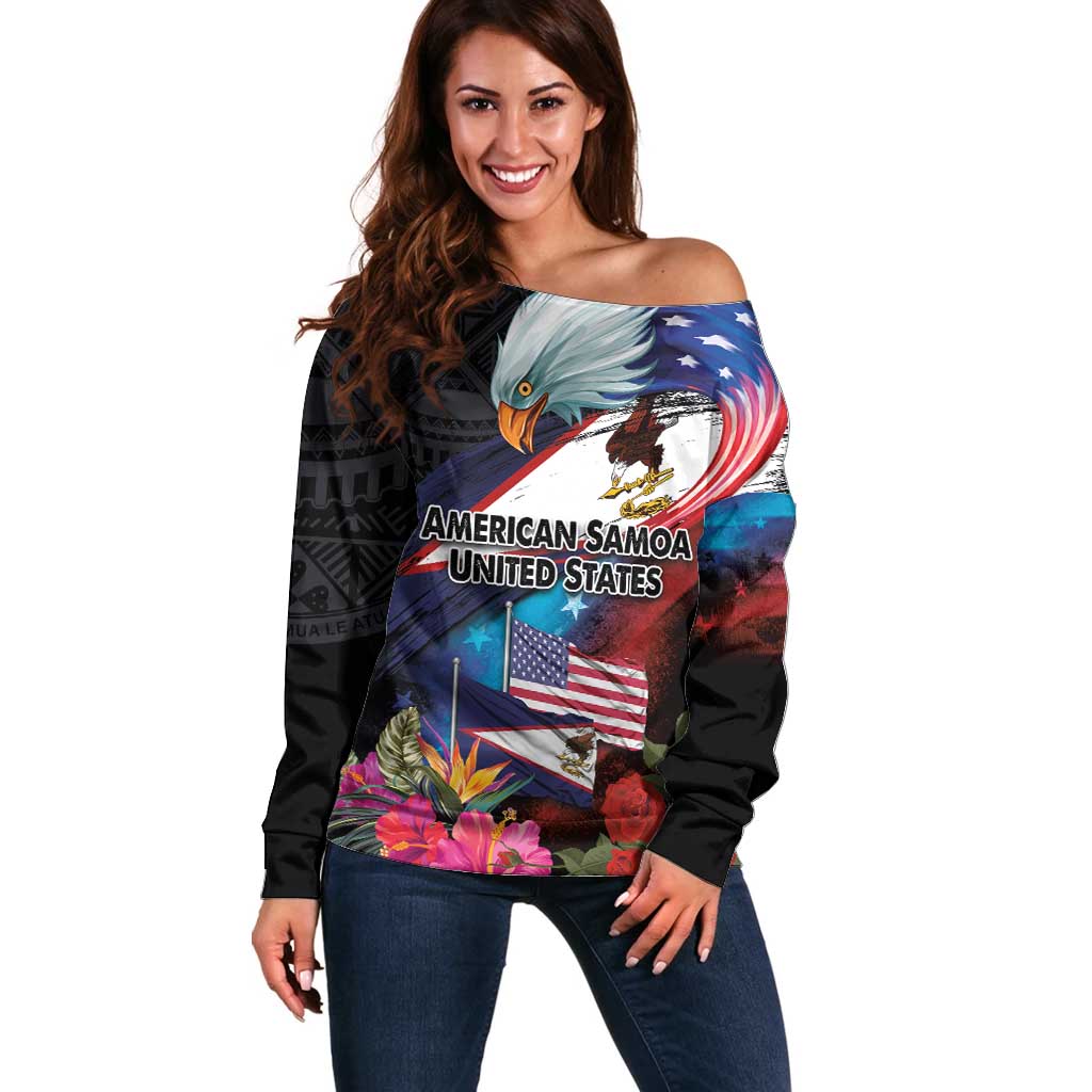 American Samoa and United States Together Off Shoulder Sweater National Flag with Eagle-Hibiscus and Rose LT03 Women Black - Polynesian Pride