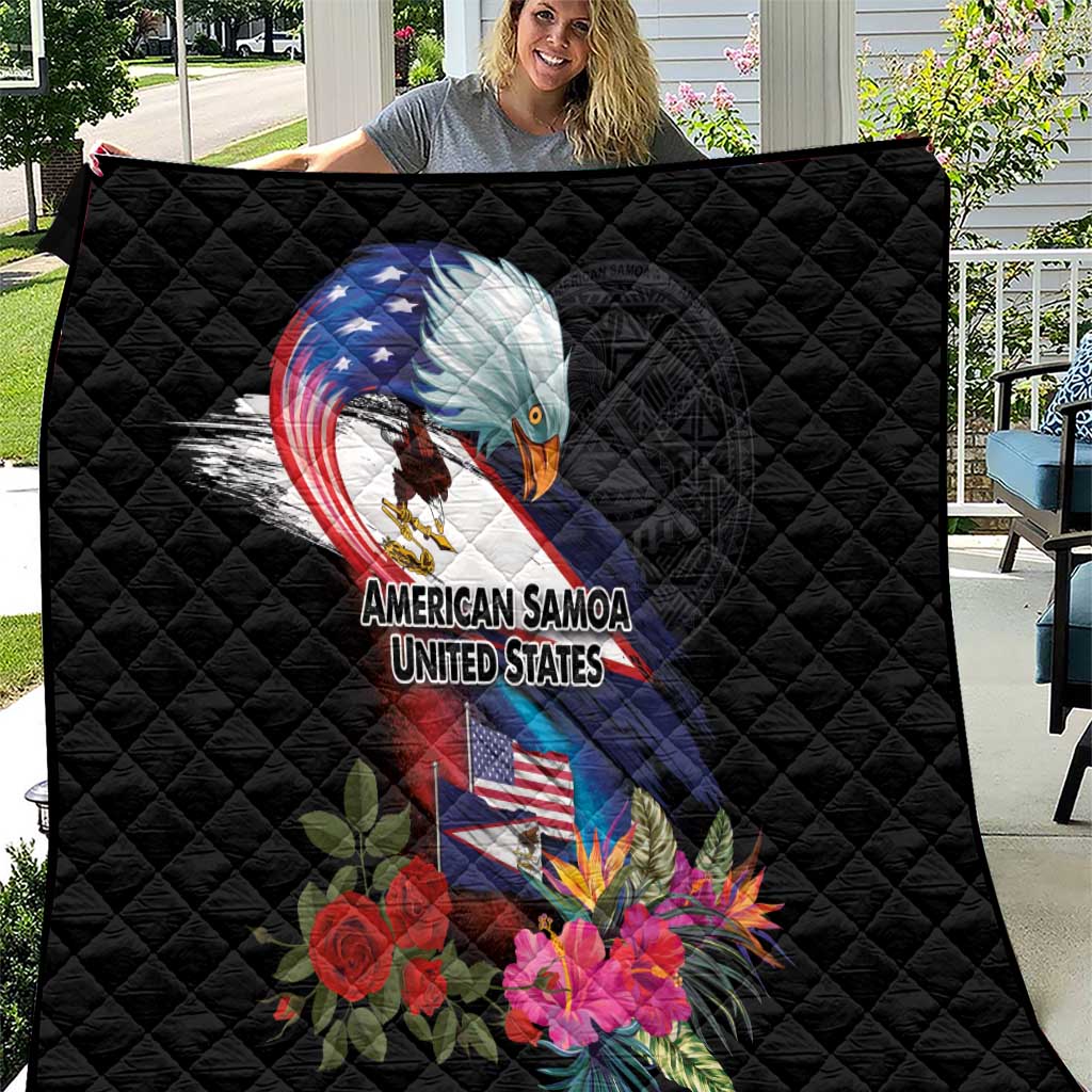 American Samoa and United States Together Quilt National Flag with Eagle-Hibiscus and Rose LT03 Black - Polynesian Pride