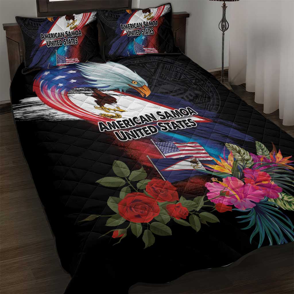 American Samoa and United States Together Quilt Bed Set National Flag with Eagle-Hibiscus and Rose LT03 Black - Polynesian Pride