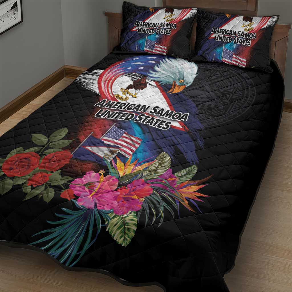 American Samoa and United States Together Quilt Bed Set National Flag with Eagle-Hibiscus and Rose