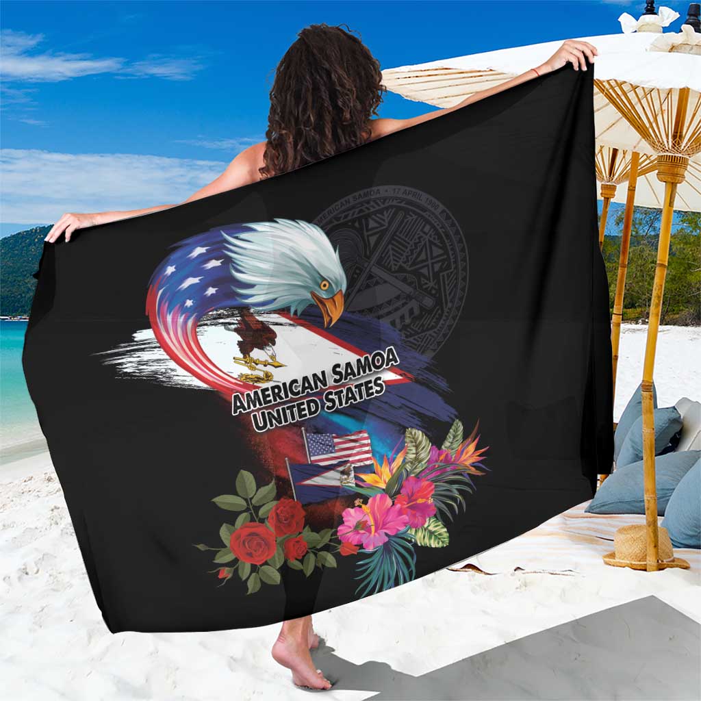 American Samoa and United States Together Sarong National Flag with Eagle-Hibiscus and Rose LT03 One Size 44 x 66 inches Black - Polynesian Pride