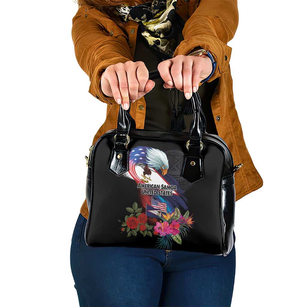 American Samoa and United States Together Shoulder Handbag National Flag with Eagle-Hibiscus and Rose LT03 One Size Black - Polynesian Pride