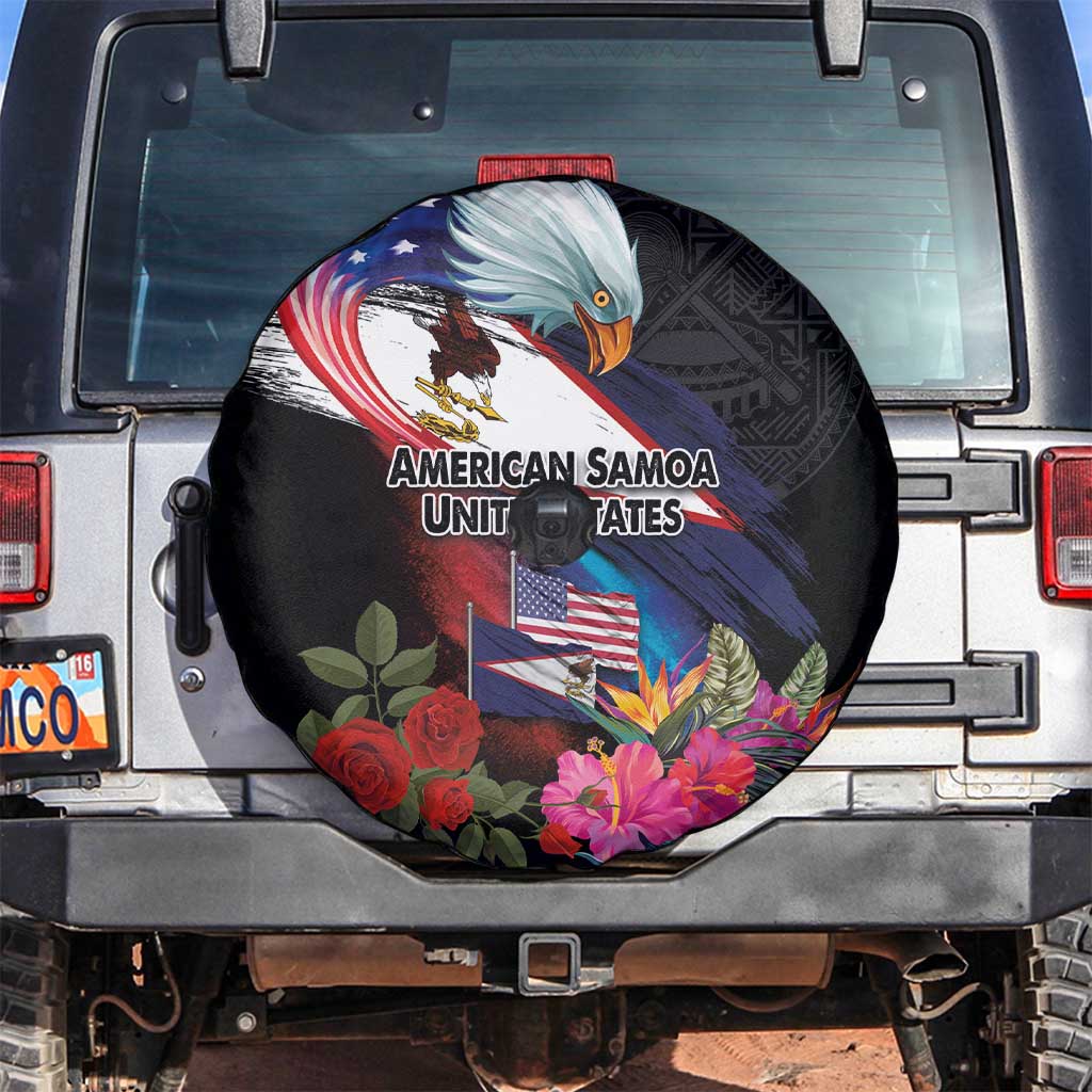 American Samoa and United States Together Spare Tire Cover National Flag with Eagle-Hibiscus and Rose LT03 Black - Polynesian Pride