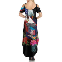 American Samoa and United States Together Summer Maxi Dress National Flag with Eagle-Hibiscus and Rose