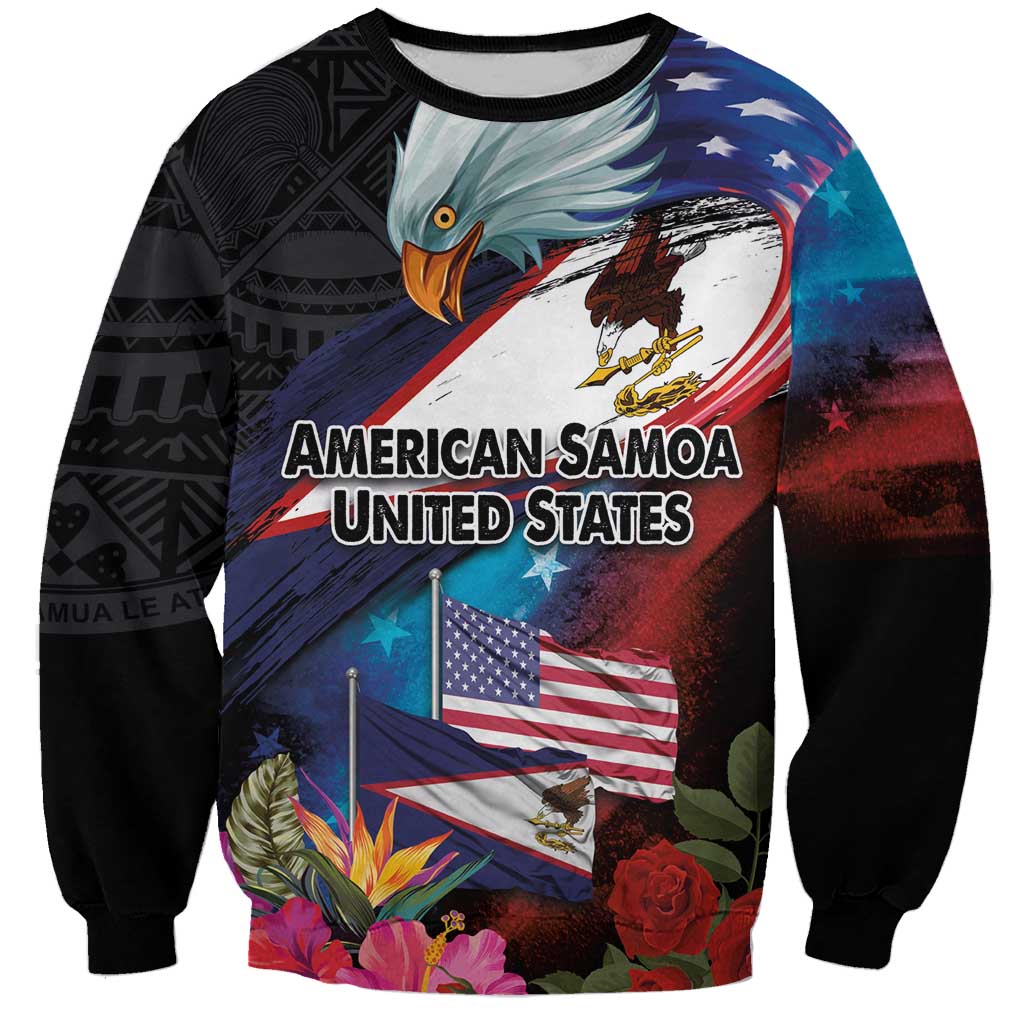 American Samoa and United States Together Sweatshirt National Flag with Eagle-Hibiscus and Rose LT03 Unisex Black - Polynesian Pride
