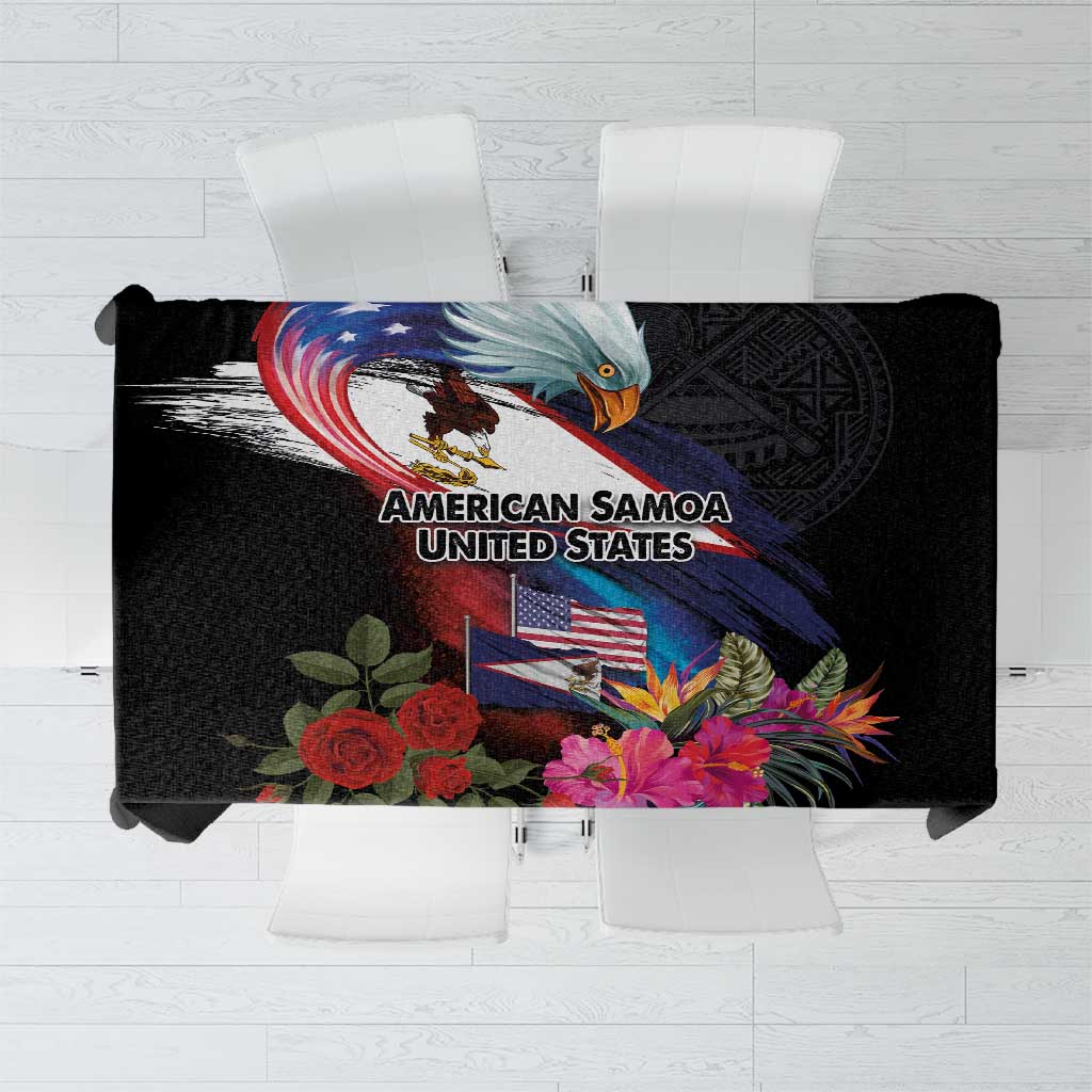American Samoa and United States Together Tablecloth National Flag with Eagle-Hibiscus and Rose LT03 Black - Polynesian Pride