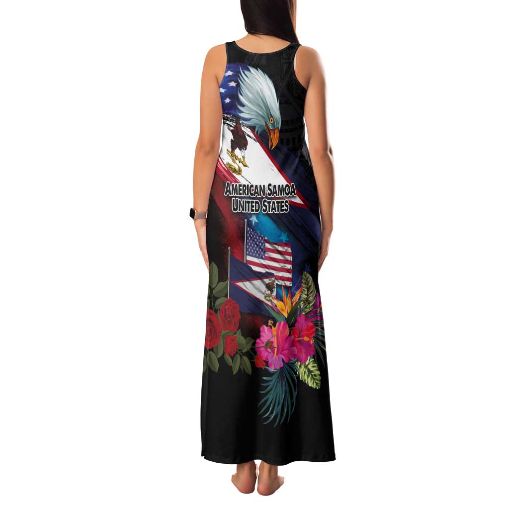 American Samoa and United States Together Tank Maxi Dress National Flag with Eagle-Hibiscus and Rose