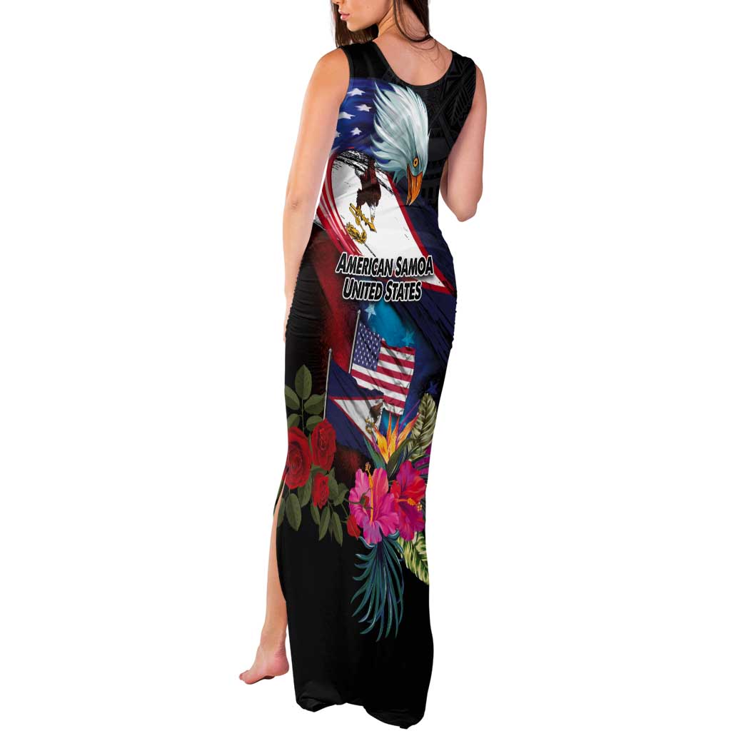 American Samoa and United States Together Tank Maxi Dress National Flag with Eagle-Hibiscus and Rose