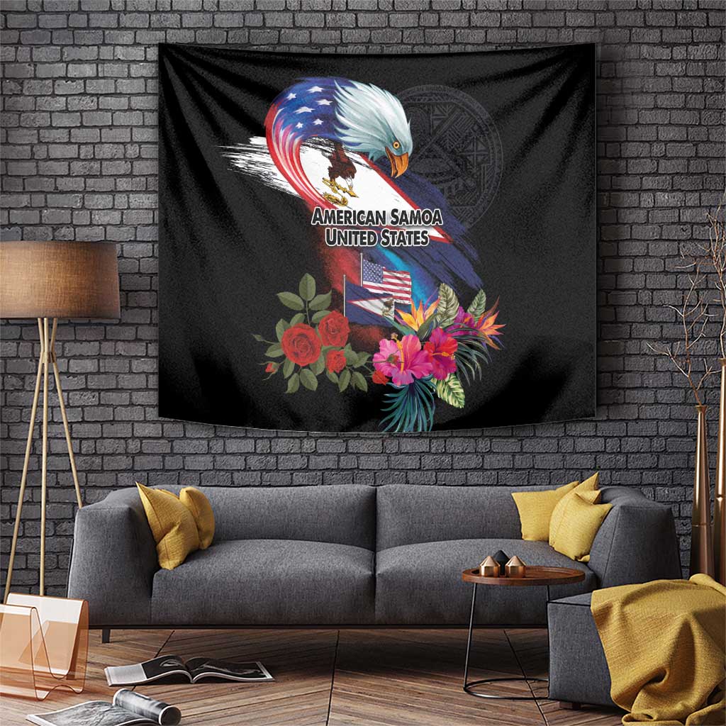 American Samoa and United States Together Tapestry National Flag with Eagle-Hibiscus and Rose LT03 Black - Polynesian Pride