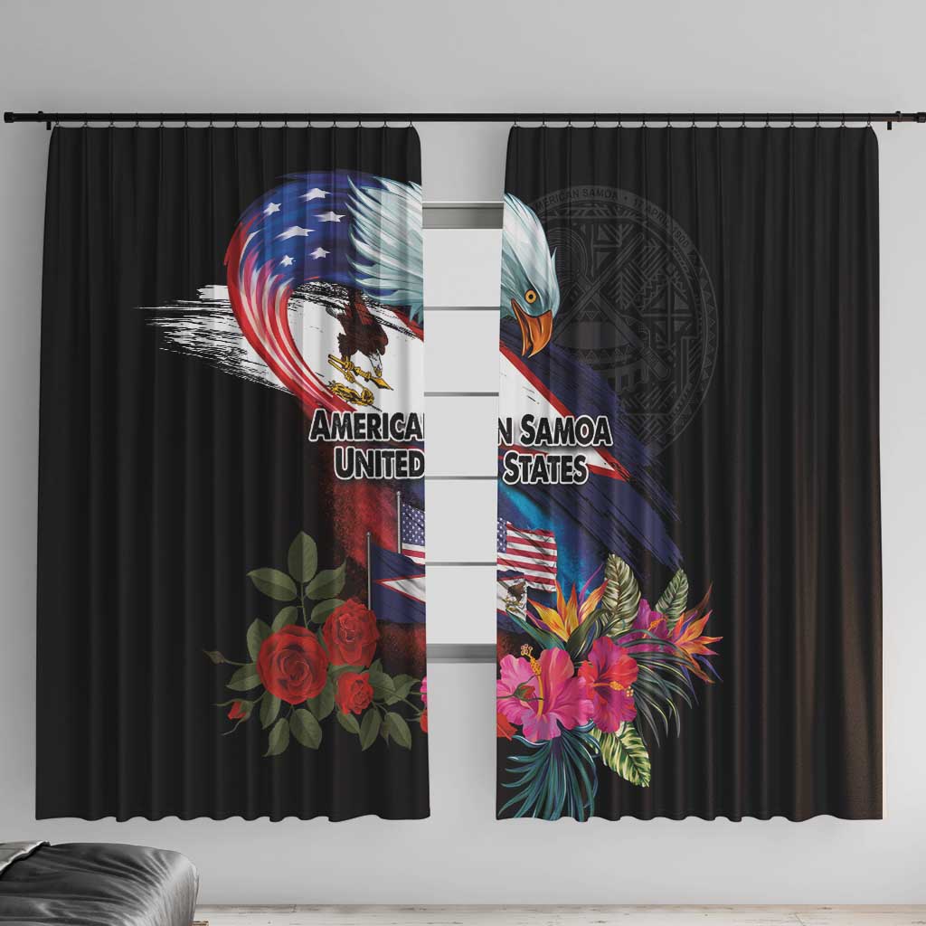 American Samoa and United States Together Window Curtain National Flag with Eagle-Hibiscus and Rose LT03 With Hooks Black - Polynesian Pride