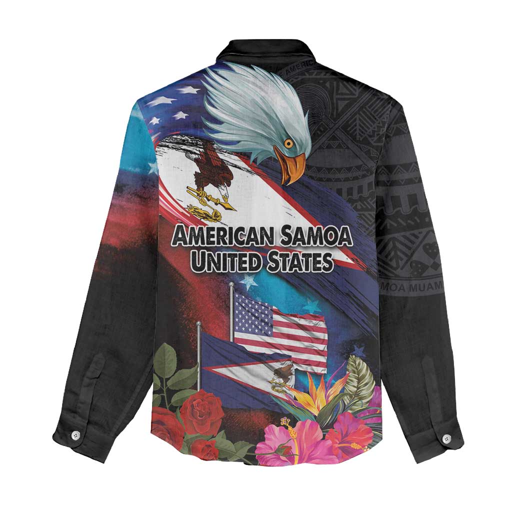 American Samoa and United States Together Women Casual Shirt National Flag with Eagle-Hibiscus and Rose