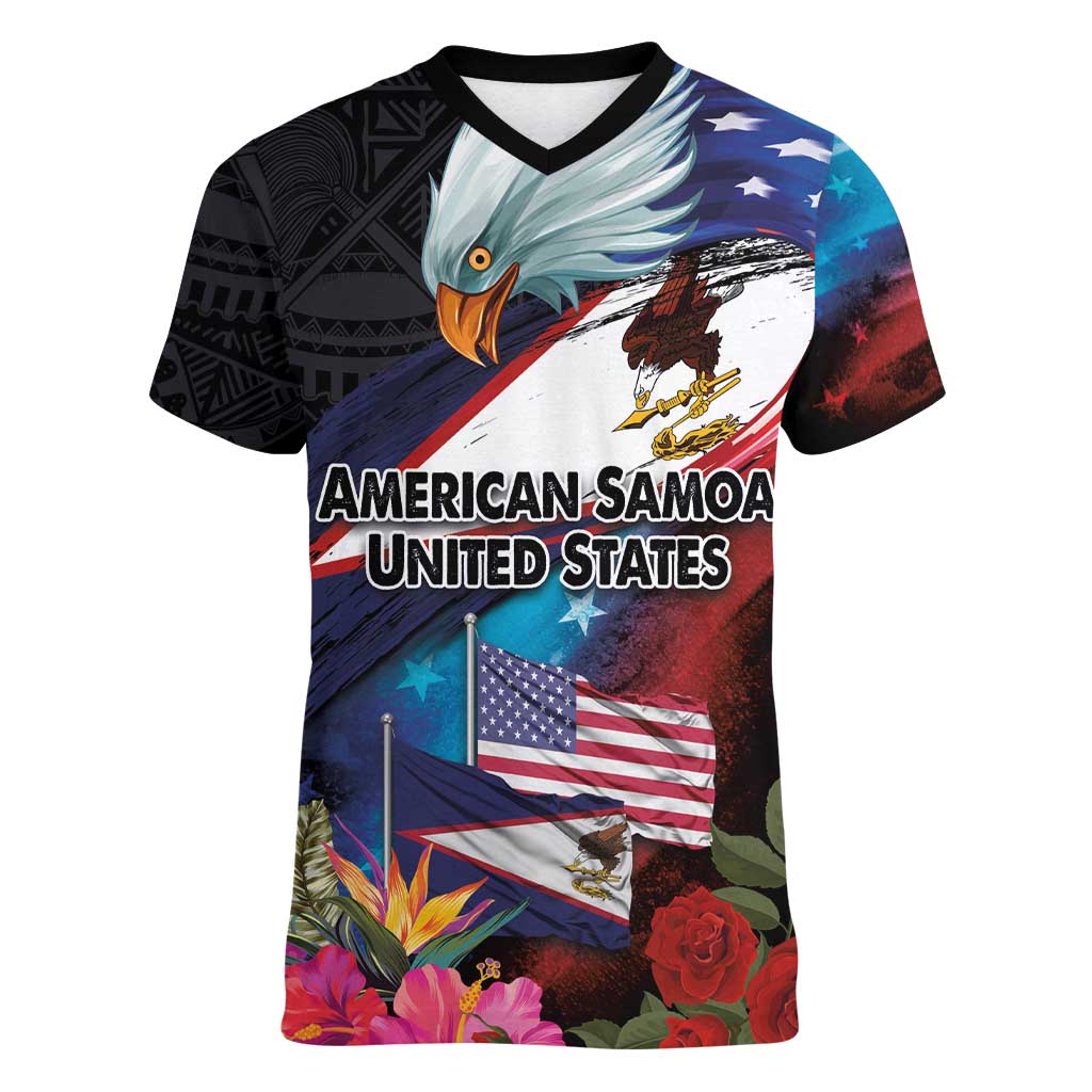 American Samoa and United States Together Women V-Neck T-Shirt National Flag with Eagle-Hibiscus and Rose LT03 Female Black - Polynesian Pride