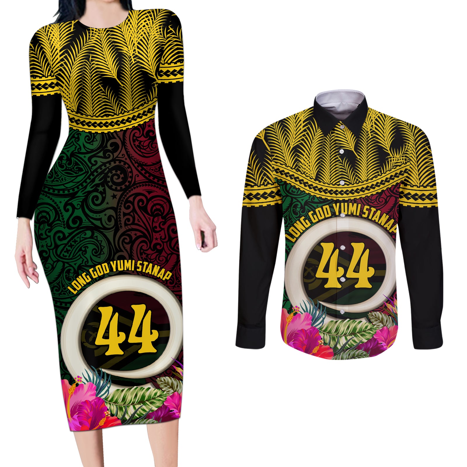 Vanuatu 44th Anniversary Independence Day Couples Matching Long Sleeve Bodycon Dress and Long Sleeve Button Shirt Boars Tusk and Namele Plant LT03