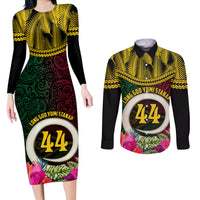 Vanuatu 44th Anniversary Independence Day Couples Matching Long Sleeve Bodycon Dress and Long Sleeve Button Shirt Boars Tusk and Namele Plant LT03
