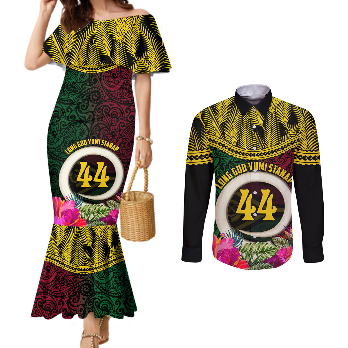 Vanuatu 44th Anniversary Independence Day Couples Matching Mermaid Dress and Long Sleeve Button Shirt Boars Tusk and Namele Plant LT03