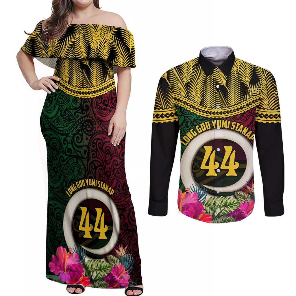 Vanuatu 44th Anniversary Independence Day Couples Matching Off Shoulder Maxi Dress and Long Sleeve Button Shirt Boars Tusk and Namele Plant LT03
