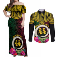 Vanuatu 44th Anniversary Independence Day Couples Matching Off Shoulder Maxi Dress and Long Sleeve Button Shirt Boars Tusk and Namele Plant LT03