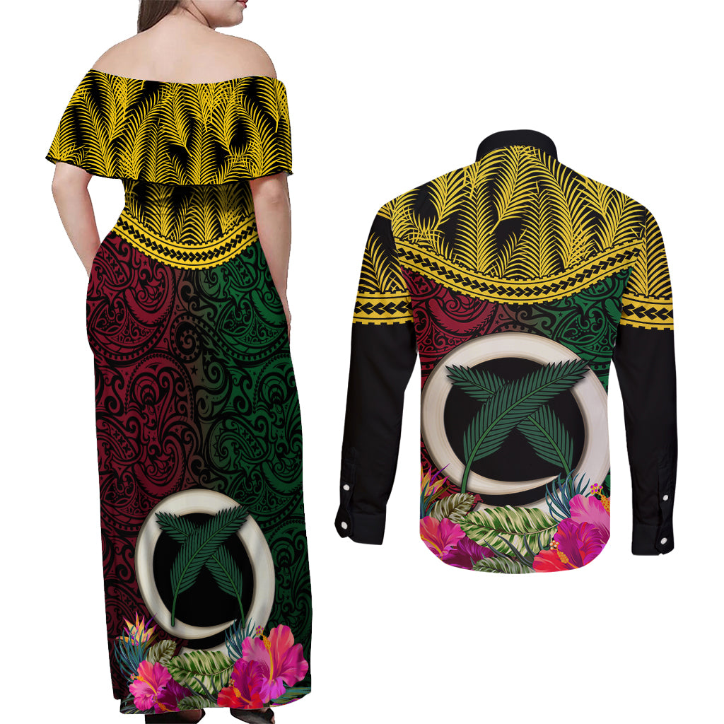 Vanuatu 44th Anniversary Independence Day Couples Matching Off Shoulder Maxi Dress and Long Sleeve Button Shirt Boars Tusk and Namele Plant LT03