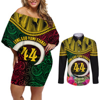 Vanuatu 44th Anniversary Independence Day Couples Matching Off Shoulder Short Dress and Long Sleeve Button Shirt Boars Tusk and Namele Plant LT03