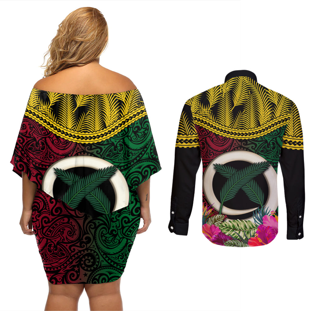 Vanuatu 44th Anniversary Independence Day Couples Matching Off Shoulder Short Dress and Long Sleeve Button Shirt Boars Tusk and Namele Plant LT03
