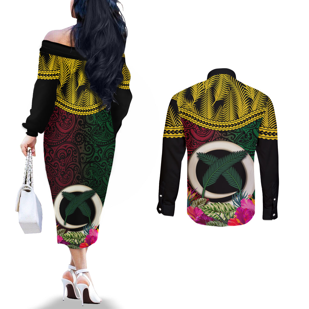 Vanuatu 44th Anniversary Independence Day Couples Matching Off The Shoulder Long Sleeve Dress and Long Sleeve Button Shirt Boars Tusk and Namele Plant LT03