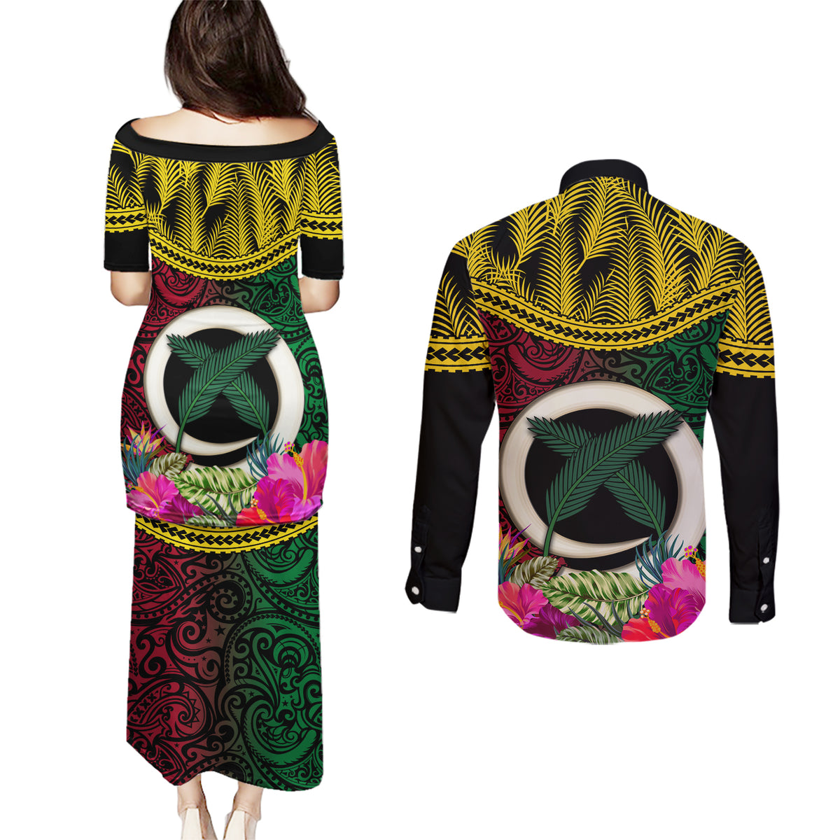 Vanuatu 44th Anniversary Independence Day Couples Matching Puletasi and Long Sleeve Button Shirt Boars Tusk and Namele Plant LT03