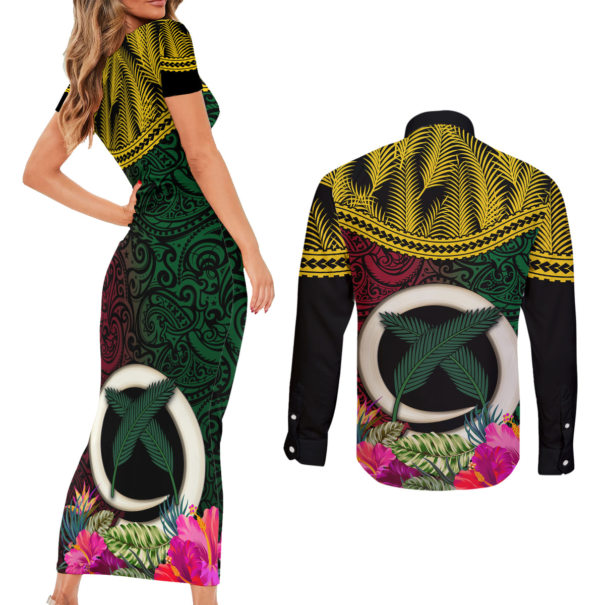Vanuatu 44th Anniversary Independence Day Couples Matching Short Sleeve Bodycon Dress and Long Sleeve Button Shirt Boars Tusk and Namele Plant LT03