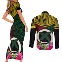 Vanuatu 44th Anniversary Independence Day Couples Matching Short Sleeve Bodycon Dress and Long Sleeve Button Shirt Boars Tusk and Namele Plant LT03