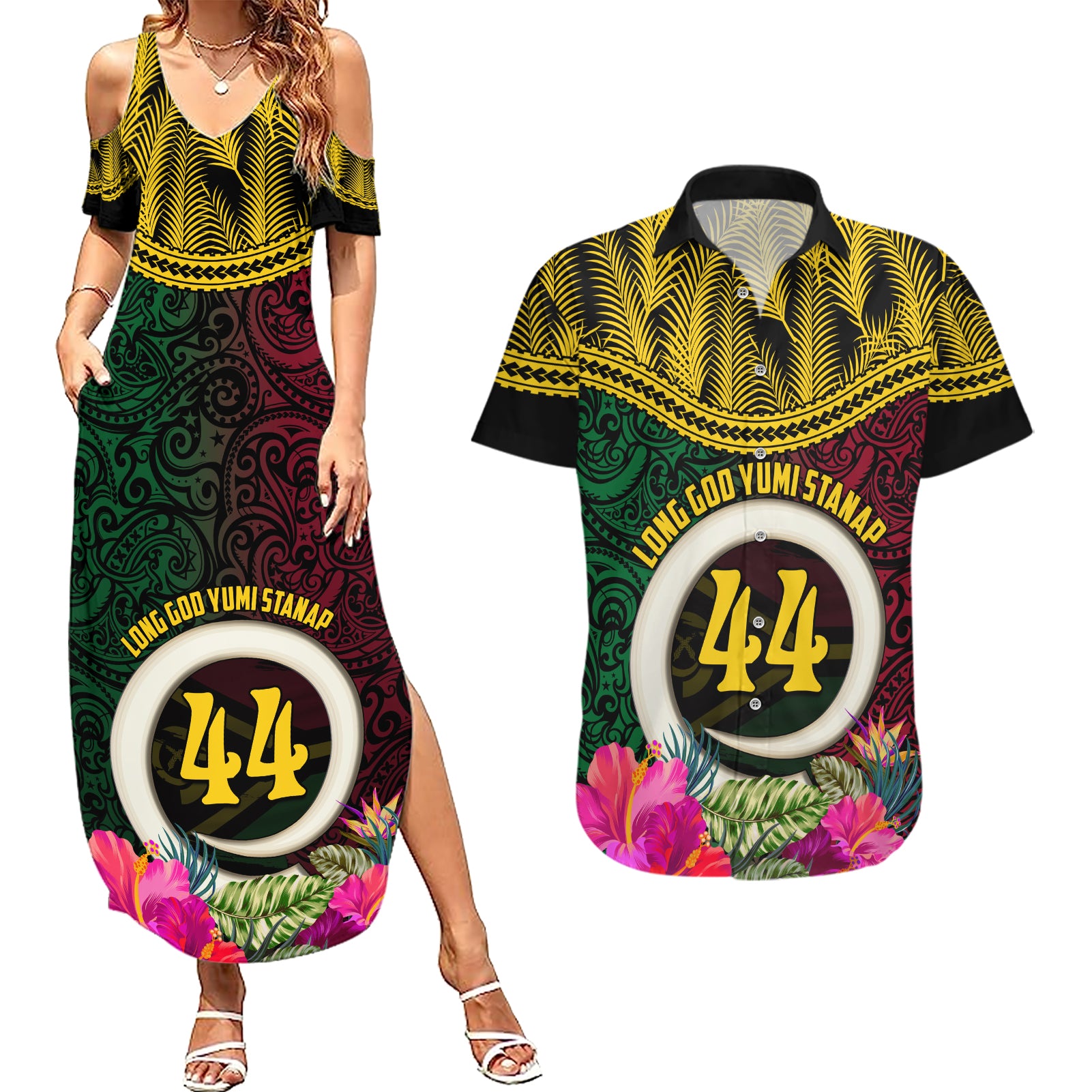 Vanuatu 44th Anniversary Independence Day Couples Matching Summer Maxi Dress and Hawaiian Shirt Boars Tusk and Namele Plant LT03