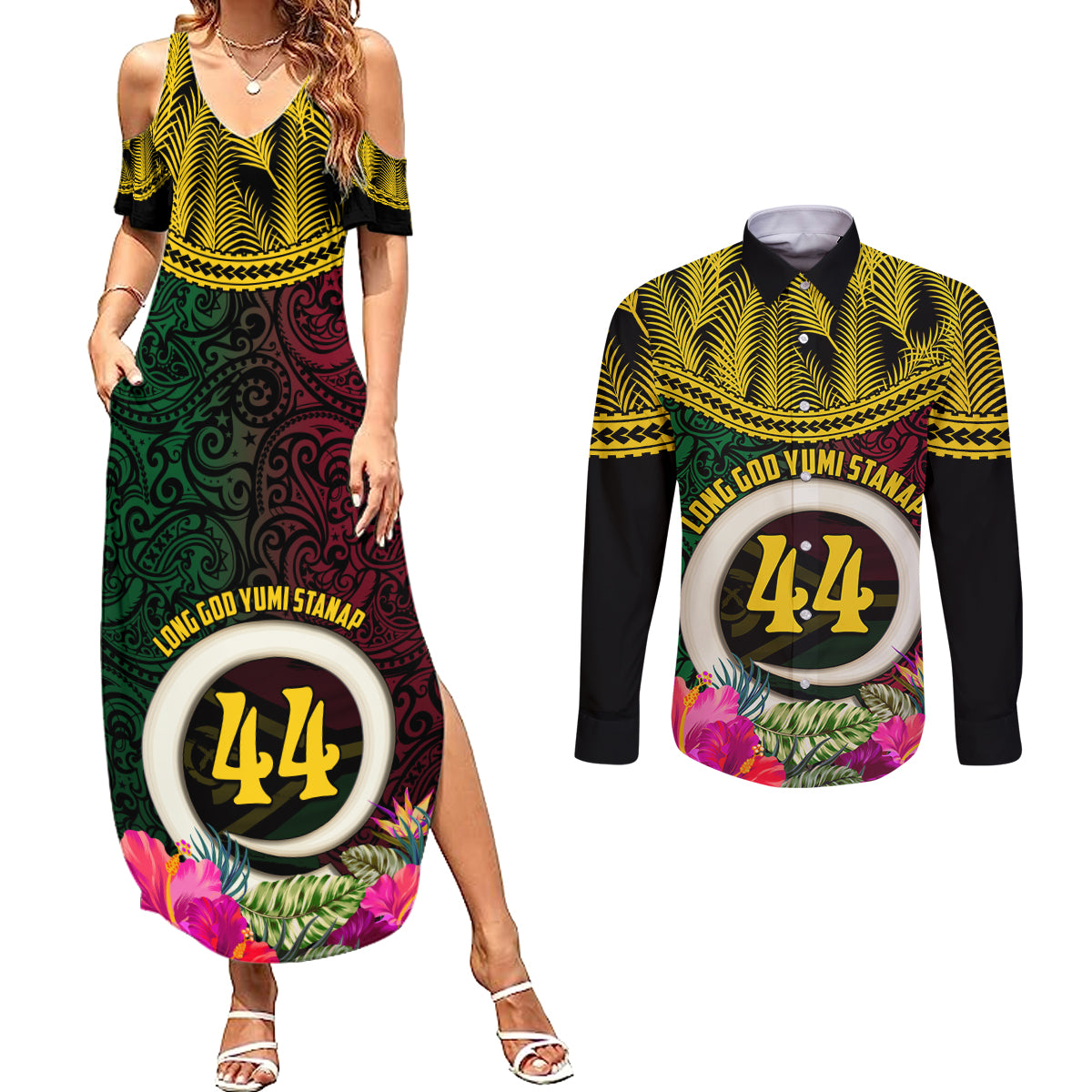 Vanuatu 44th Anniversary Independence Day Couples Matching Summer Maxi Dress and Long Sleeve Button Shirt Boars Tusk and Namele Plant LT03