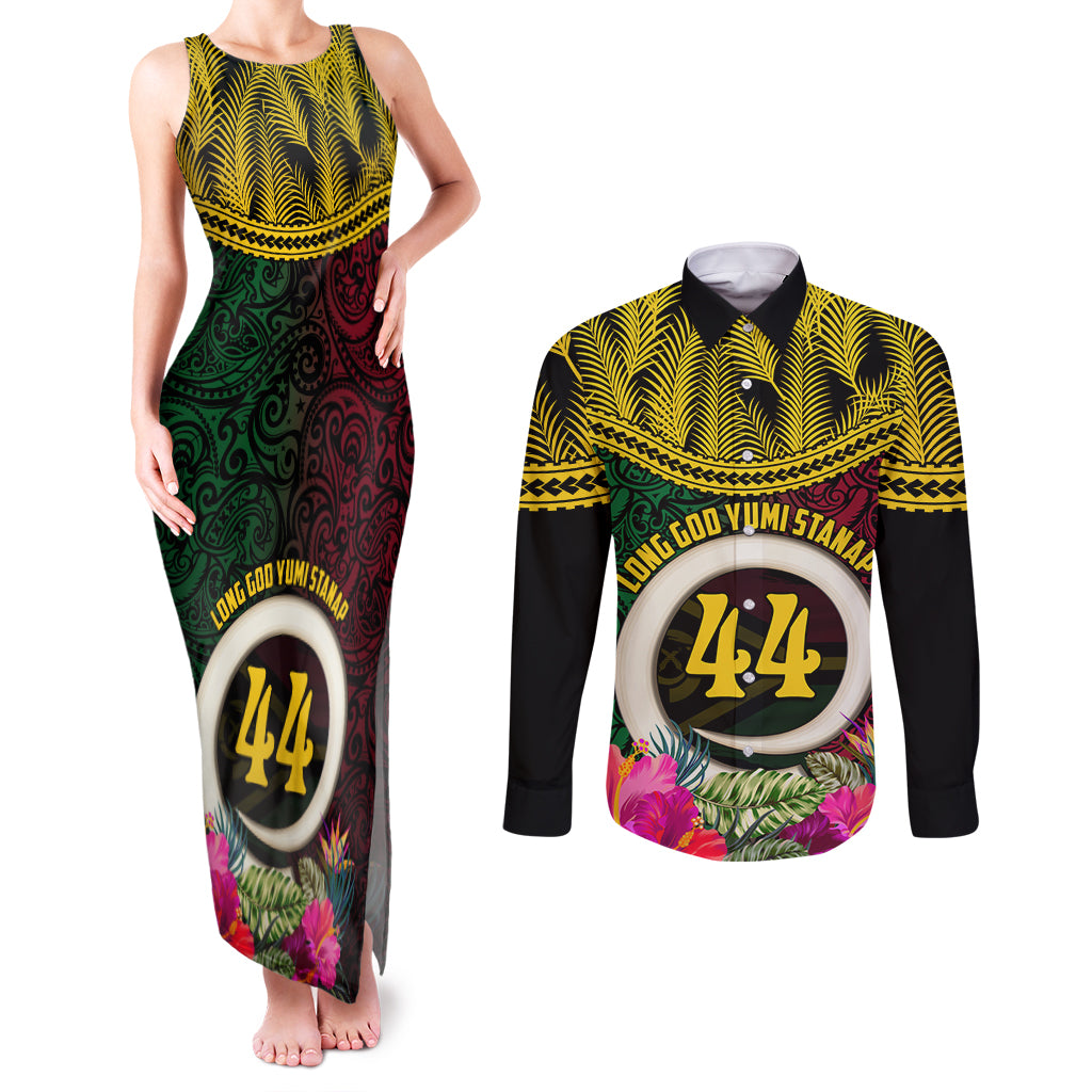 Vanuatu 44th Anniversary Independence Day Couples Matching Tank Maxi Dress and Long Sleeve Button Shirt Boars Tusk and Namele Plant LT03