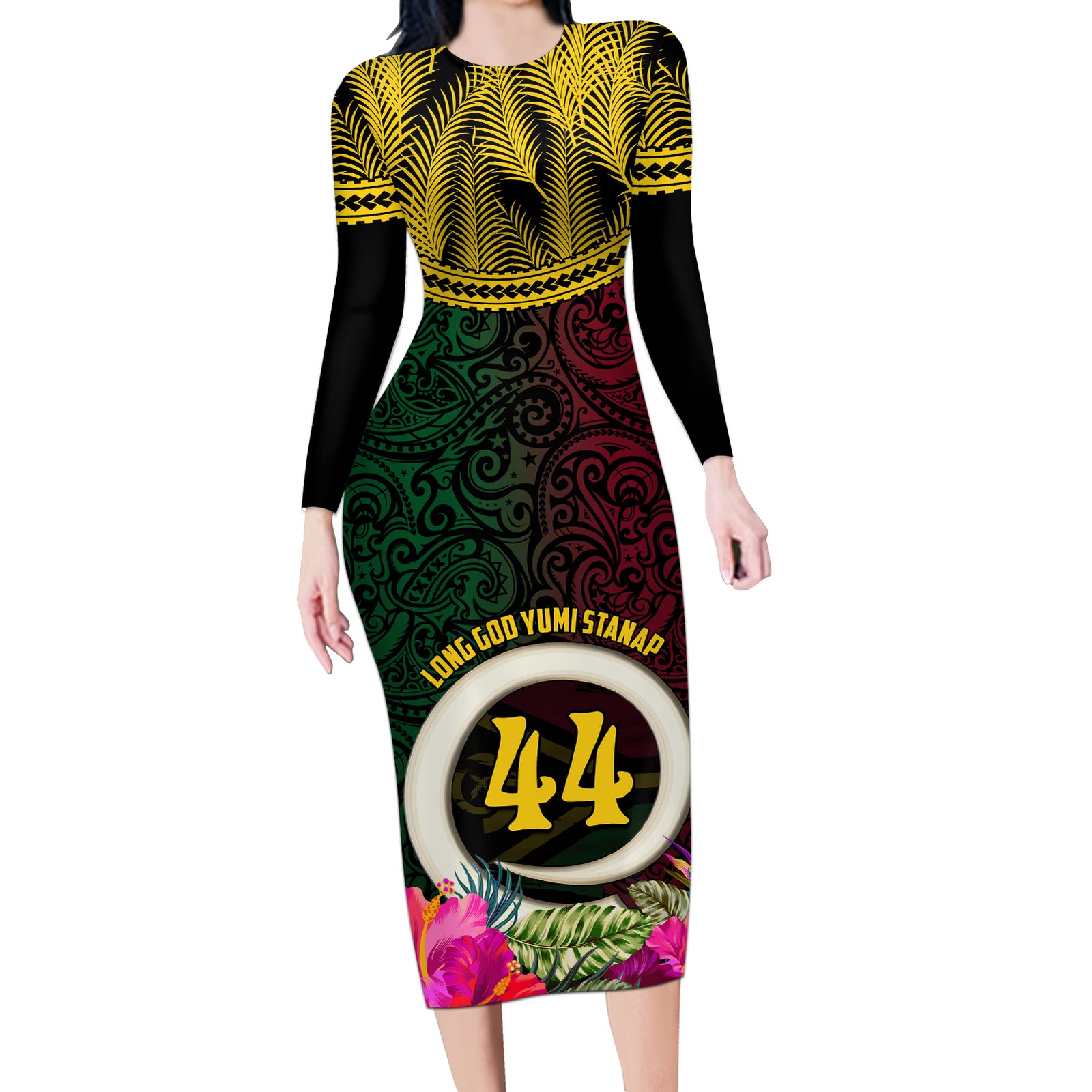 Vanuatu 44th Anniversary Independence Day Long Sleeve Bodycon Dress Boars Tusk and Namele Plant LT03 Long Dress Black - Polynesian Pride