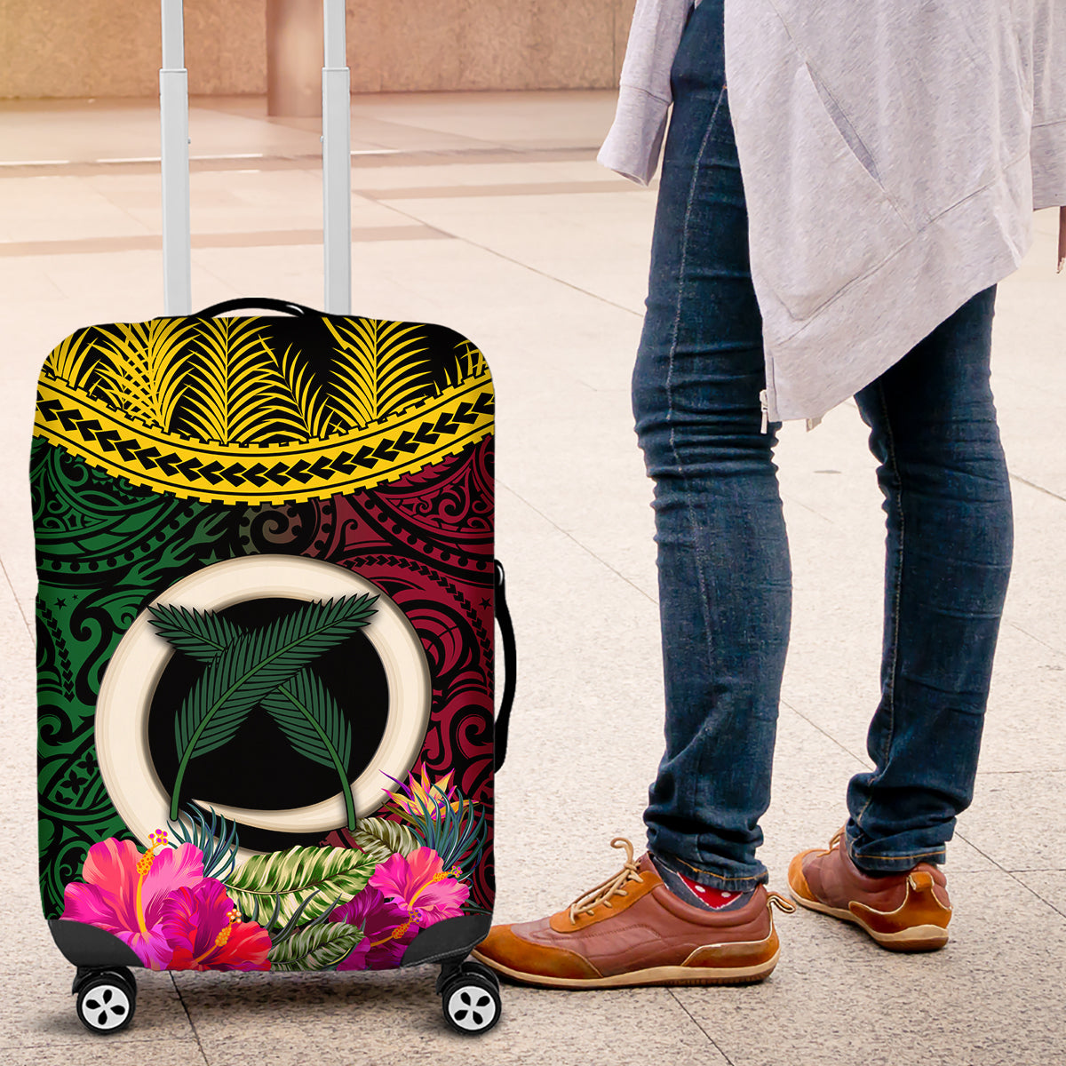 Vanuatu 44th Anniversary Independence Day Luggage Cover Boars Tusk and Namele Plant LT03 Black - Polynesian Pride