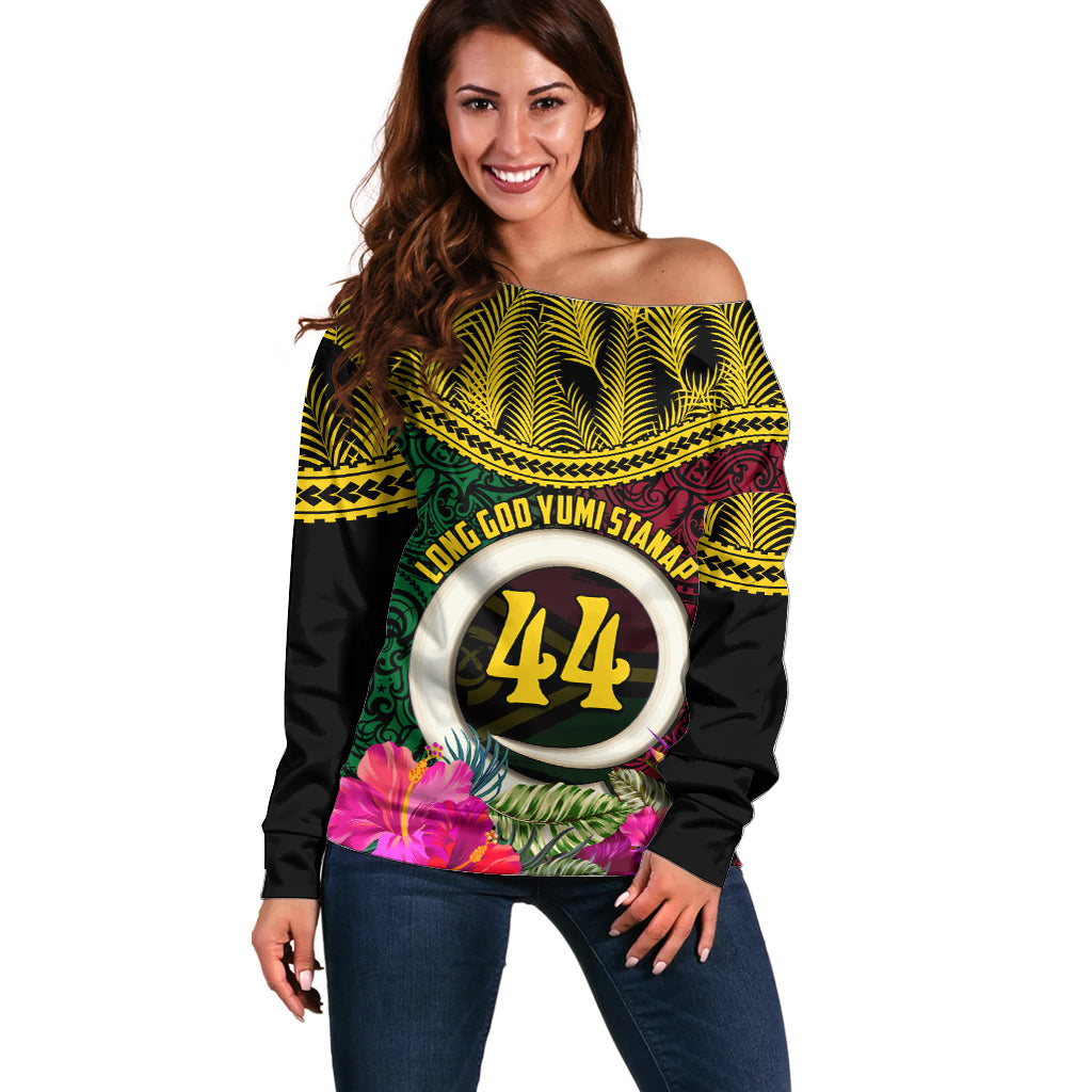 Vanuatu 44th Anniversary Independence Day Off Shoulder Sweater Boars Tusk and Namele Plant LT03 Women Black - Polynesian Pride