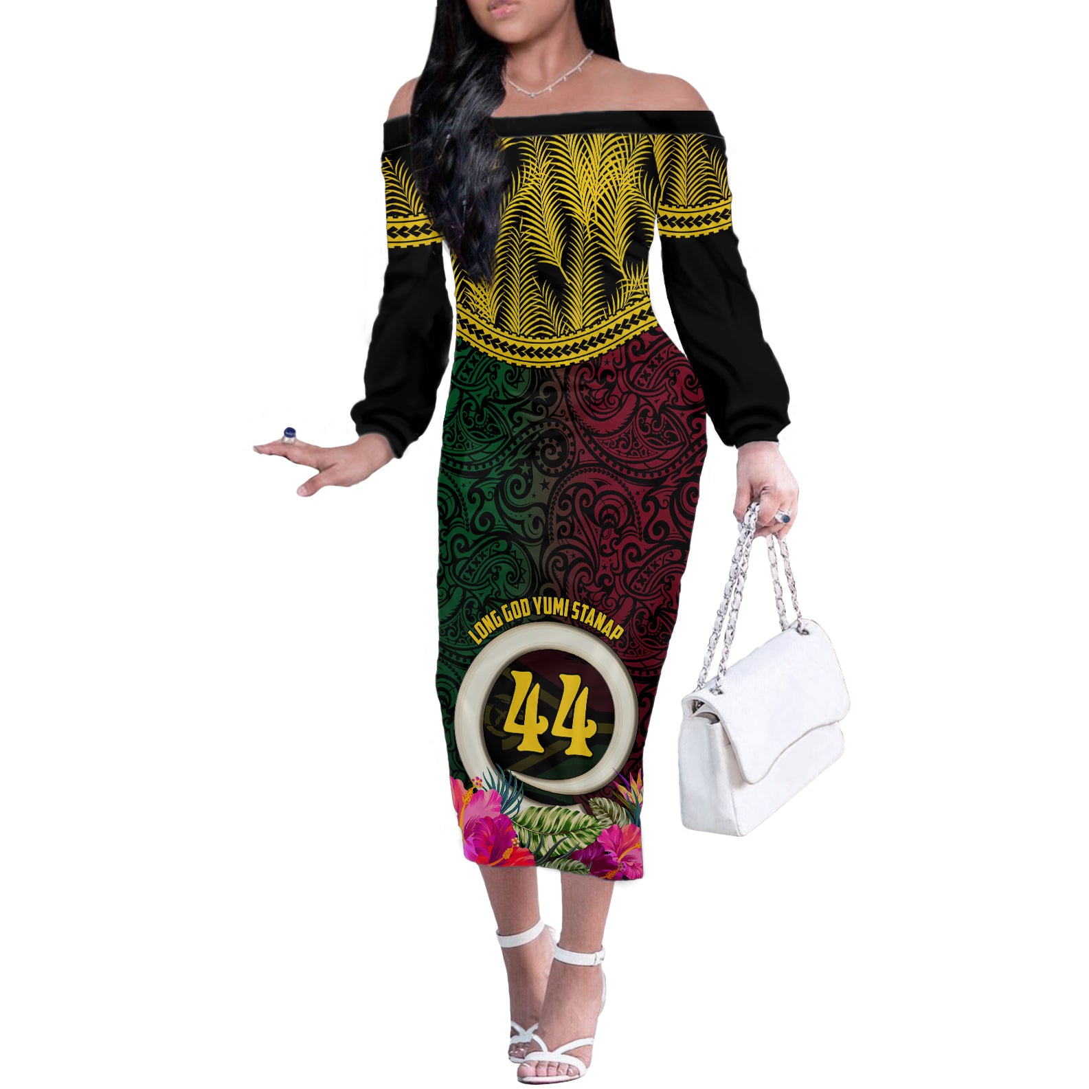 Vanuatu 44th Anniversary Independence Day Off The Shoulder Long Sleeve Dress Boars Tusk and Namele Plant LT03 Women Black - Polynesian Pride