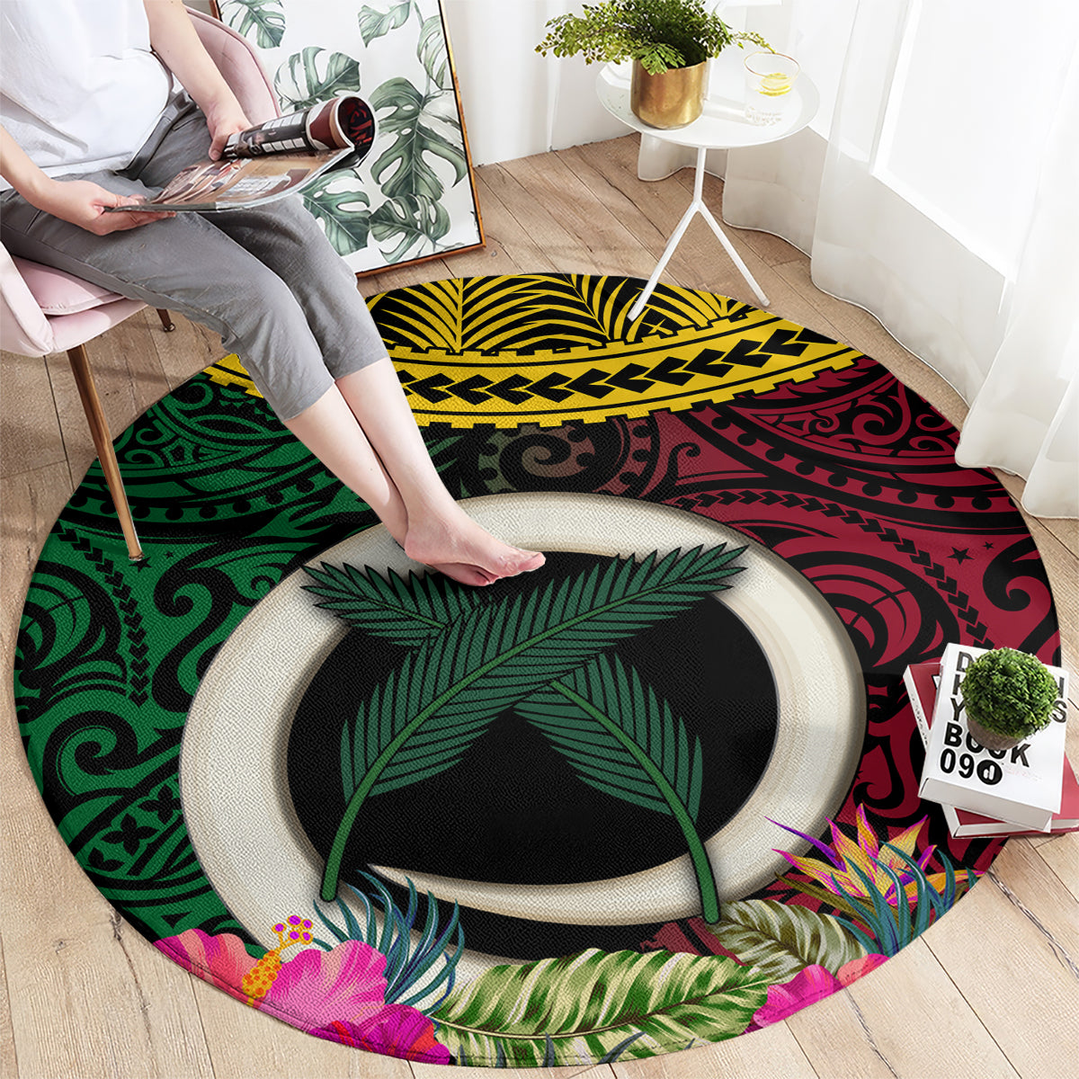Vanuatu 44th Anniversary Independence Day Round Carpet Boars Tusk and Namele Plant LT03 - Polynesian Pride