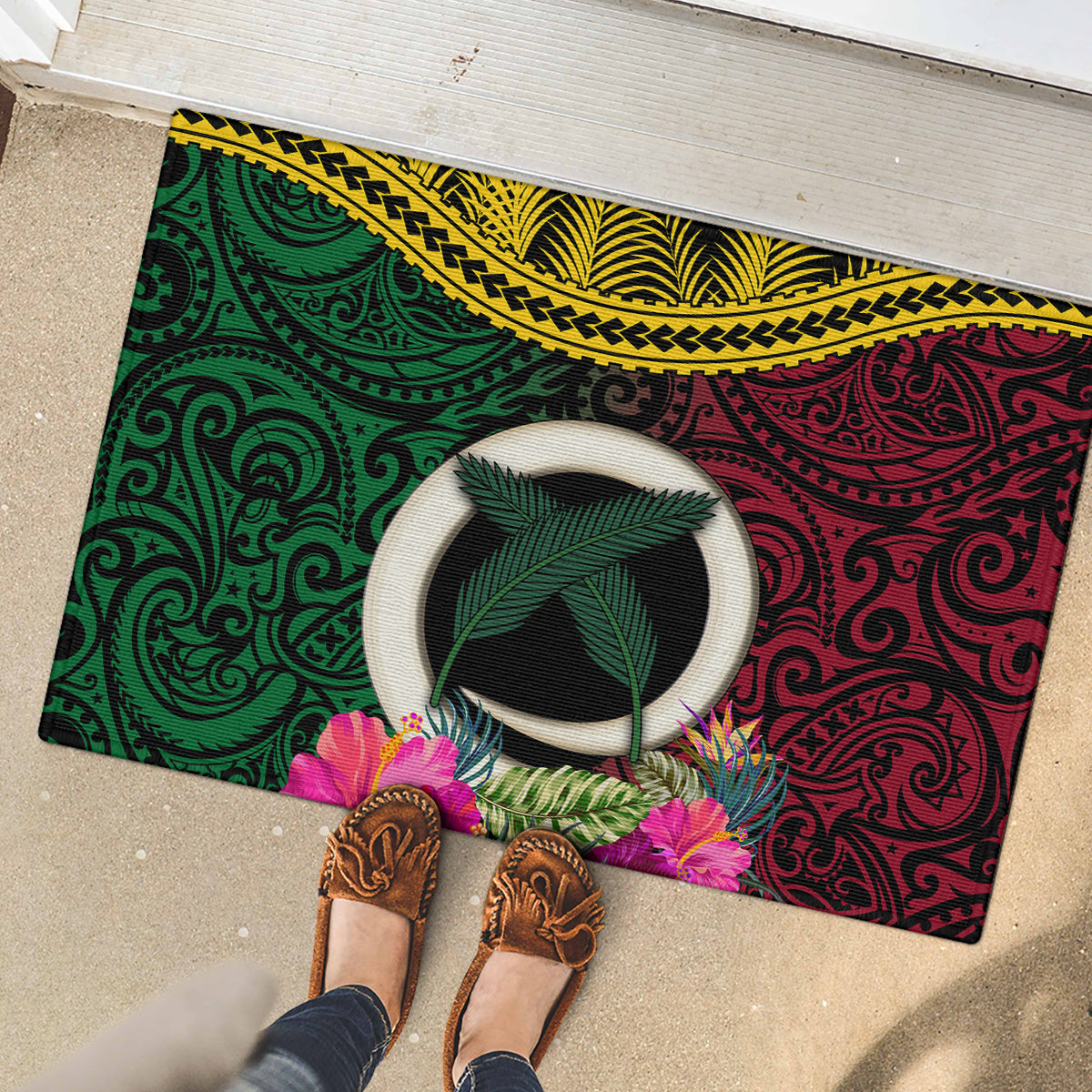 Vanuatu 44th Anniversary Independence Day Rubber Doormat Boars Tusk and Namele Plant LT03