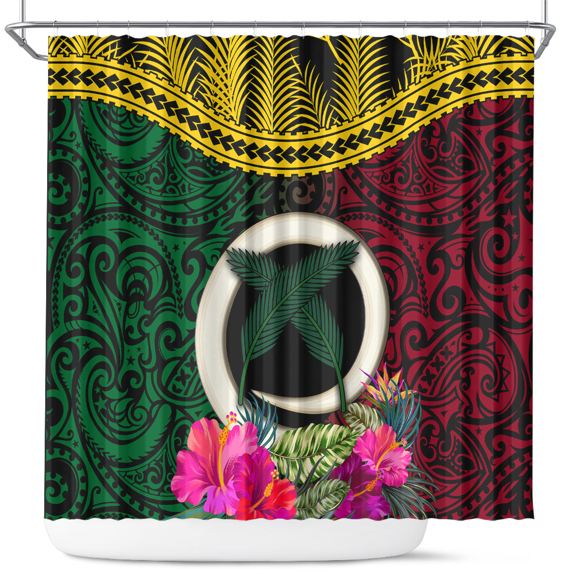 Vanuatu 44th Anniversary Independence Day Shower Curtain Boars Tusk and Namele Plant LT03 Black - Polynesian Pride