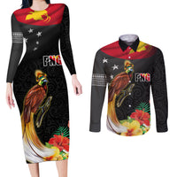 Papua New Guinea Independence Day Couples Matching Long Sleeve Bodycon Dress and Long Sleeve Button Shirt PNG Flag and Bird-of-Paradise