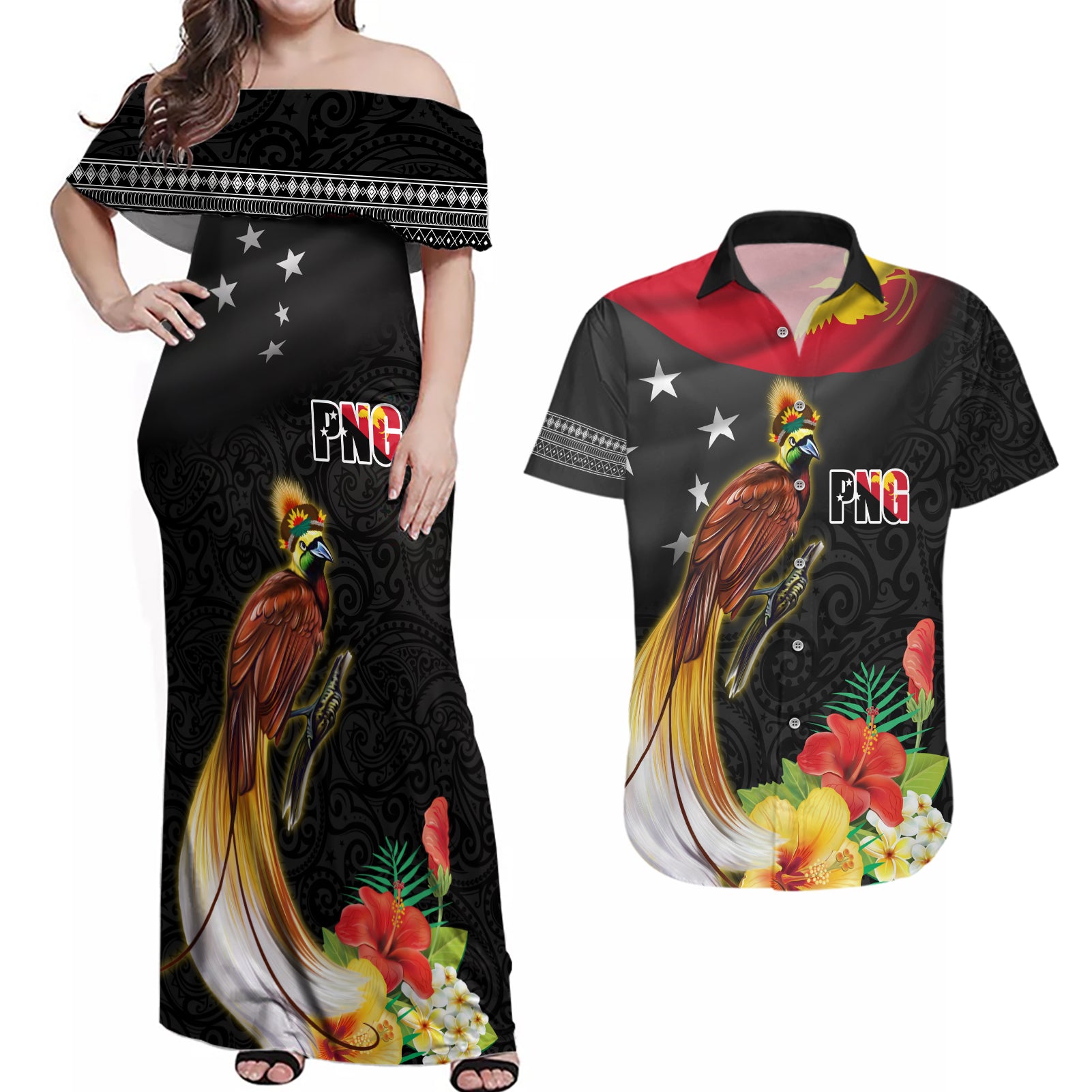 Papua New Guinea Independence Day Couples Matching Off Shoulder Maxi Dress and Hawaiian Shirt PNG Flag and Bird-of-Paradise
